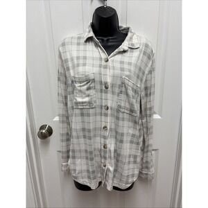 C&C California Marina Luxe Essential Knit Button-Up Shirt White & Gray Plaid - M